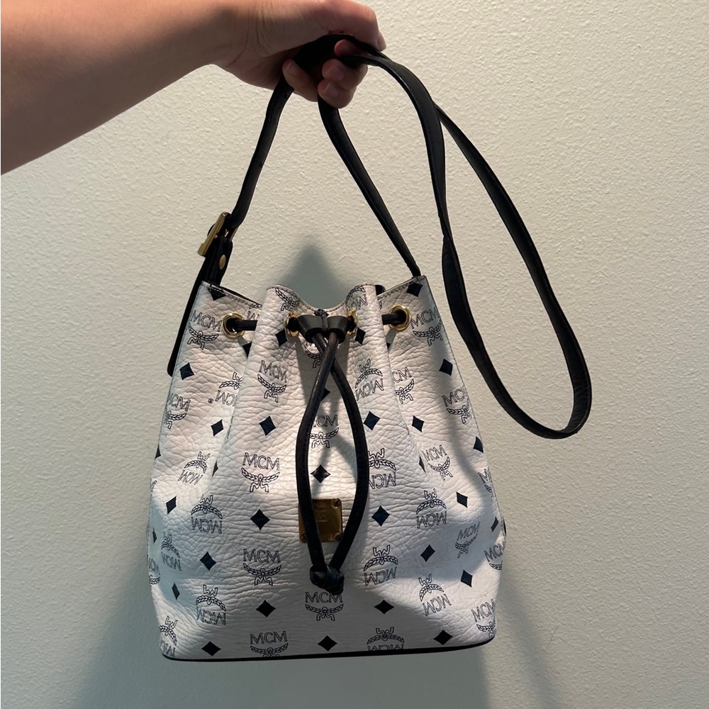 Vintage MCM White bucket shoulder bag with black or navy logo and gold hardware